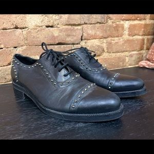 All Saints Spiked Laced Up Loafers, Black Leather with Silver Spikes